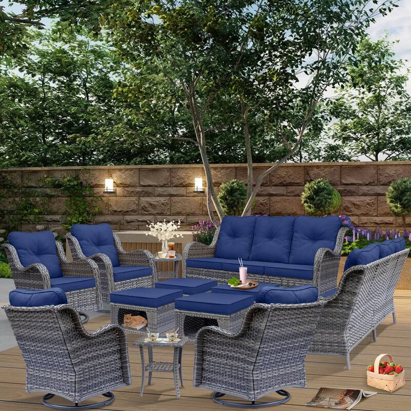 Gray Wicker 12-piece Outdoor Patio Conversation Sets with Swivel Chair