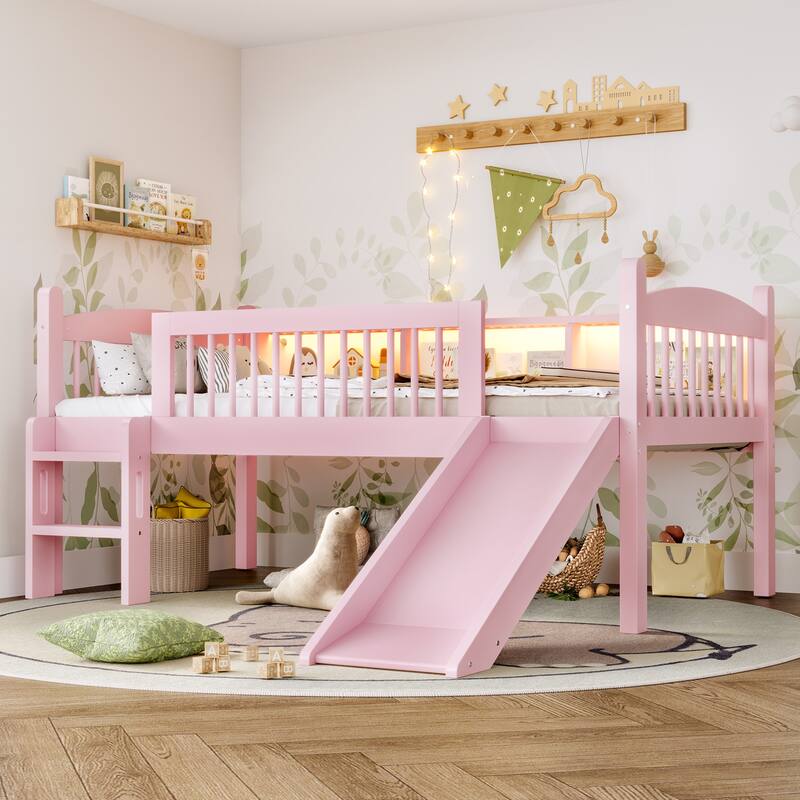 Twin XL Loft Bed with Storage Shelves, LED Lights & Guardrails