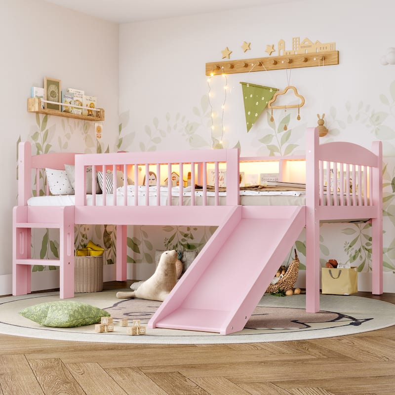 Twin XL Loft Bed with Storage Shelves, Solid Wood Lower Loft Bed with LED Lights and Full-length Guardrails - Pink