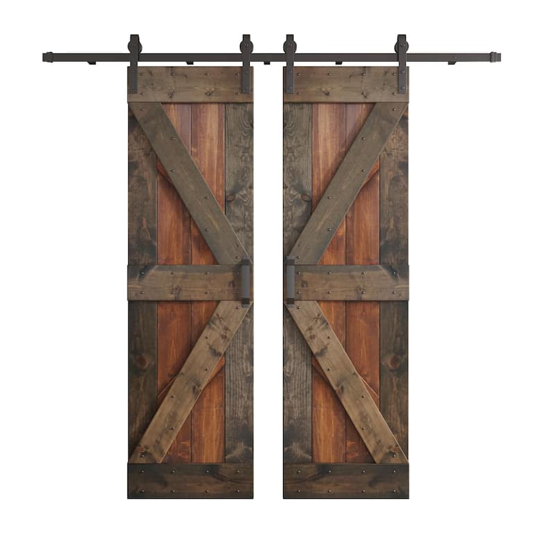 Coast Sequoia 60in x 84in K Series Pine Wood Double Sliding Barn Door With Hardware Kit - Dark Walnut / Aged Barrel