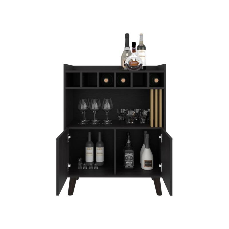 Vance 40" High Bar Cabinet with Six Bottle Cubbies, Two Double Door Cabients, Four Shelves, Living Room, Wine Rack