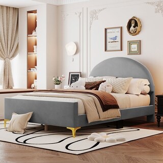 Grey Full Size Upholstered Platform Bed with Classic Semi-circle Shaped Headboard and Metal Legs