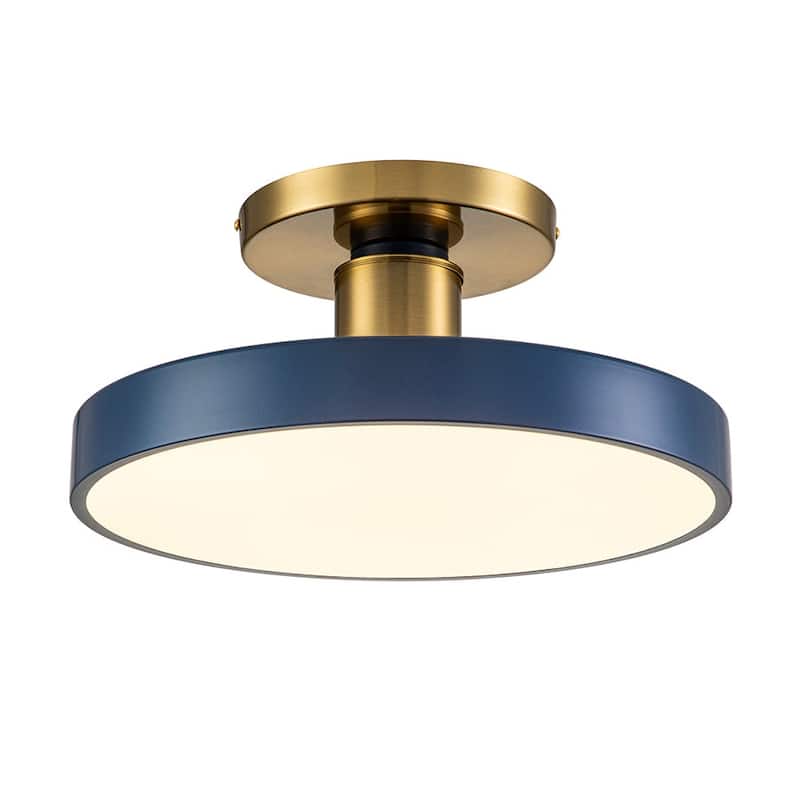 Modern Brass Blue Round LED Semi Flush Ceiling Light 15.7in