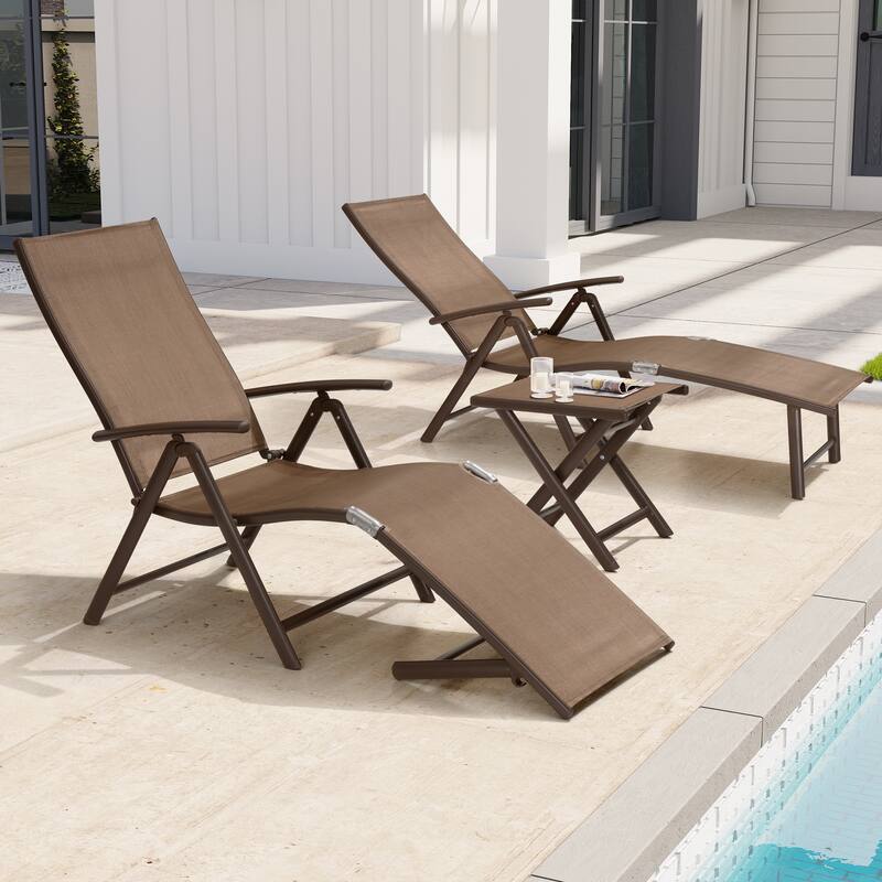 3-Pieces Outdoor Chaise Lounge Set Aluminum Adjustable Foldable Chaise Lounge Chairs and Side Table - Brown