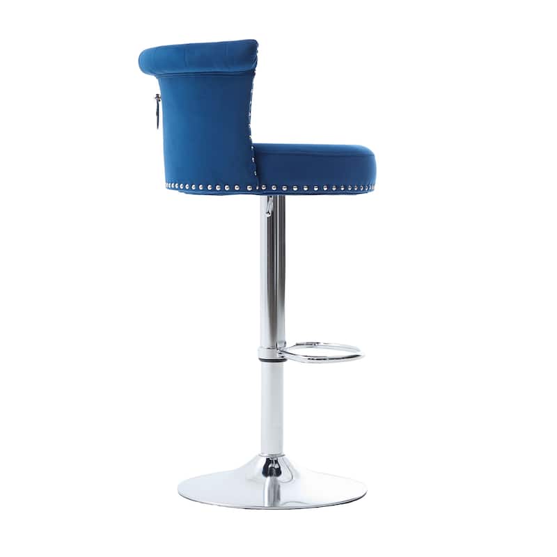 Velvet Bar Stool Set of 2, Adjustable Swivel Bar Stools with Silver Plated Metal Leg, Chrome Nailhead, Counter Height Chair