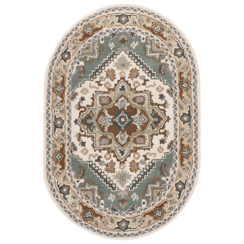 SAFAVIEH Handmade Heritage Carrol Traditional Oriental Wool Rug - 4' x 6' Oval - Ivory/Light Blue - Rectangle