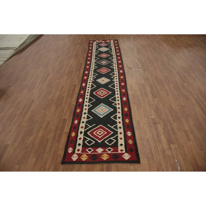 Hand Woven Oriental 100% Wool Carpet Southwestern Tribal Black Kilim Runner Rug - 14' 9'' X 3' 0''