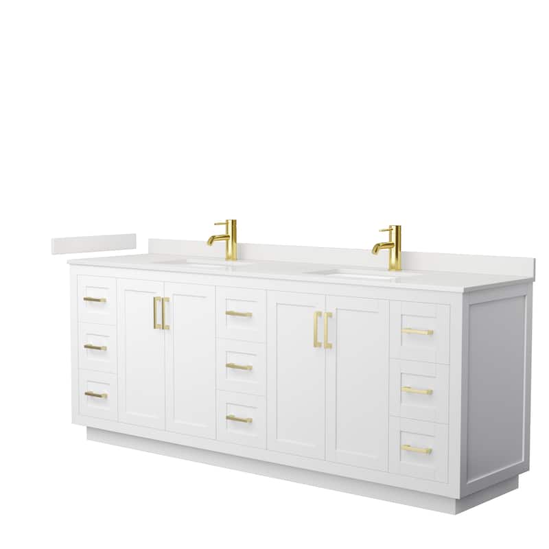 Miranda 84-inch Double Vanity, Quartz Top - White, Gold Trim, White Quartz Top