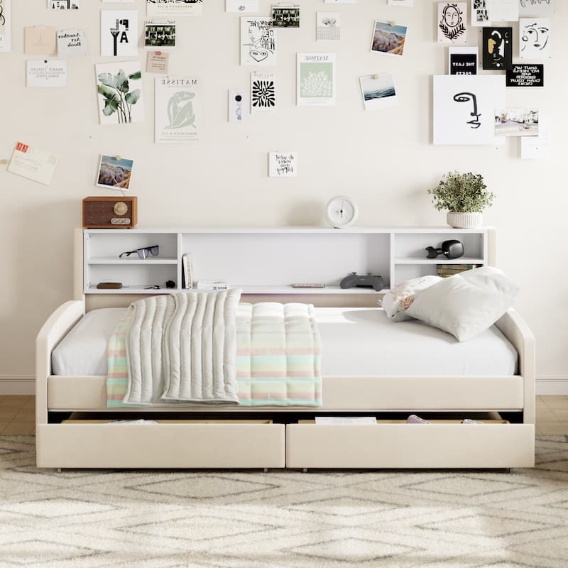 Twin Size Daybed Upholstered Platform Bed with Storage Shelf Headboard and 2 Drawers, Wood Daybed Frame with Curved Armrest