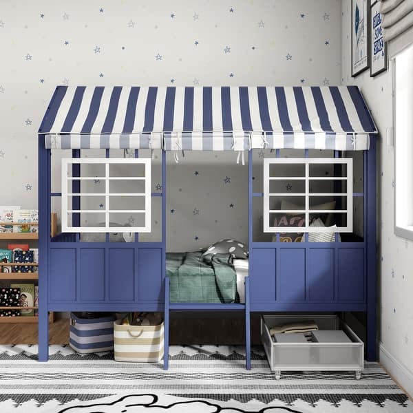 slide 2 of 6, Furniture of America Valley Metal Twin Loft Bed with Canopy