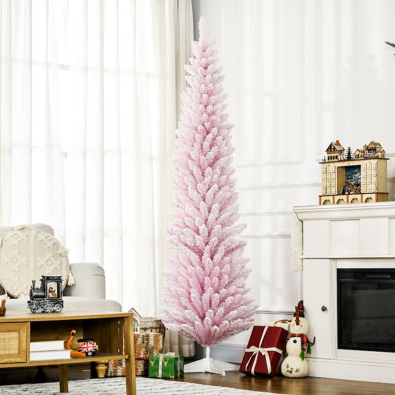 HOMCOM 7' Snow Flocked Artificial Pencil Christmas Tree, Slim Xmas Tree Pink