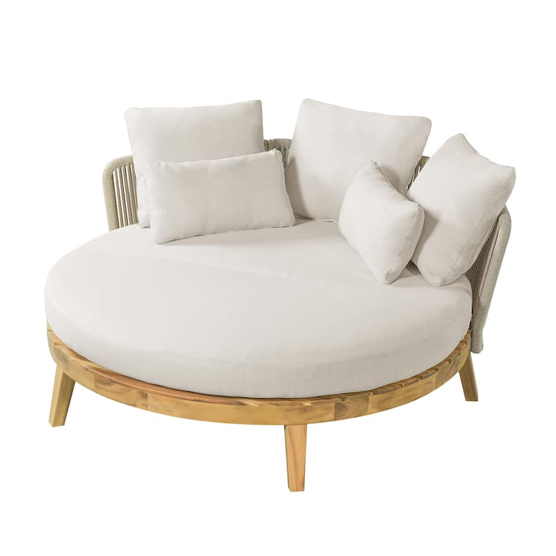 Christopher Knight Home - Martin 60" Outdoor Round Acacia Wood Daybed with Handwoven Rope Backrest & Cushions