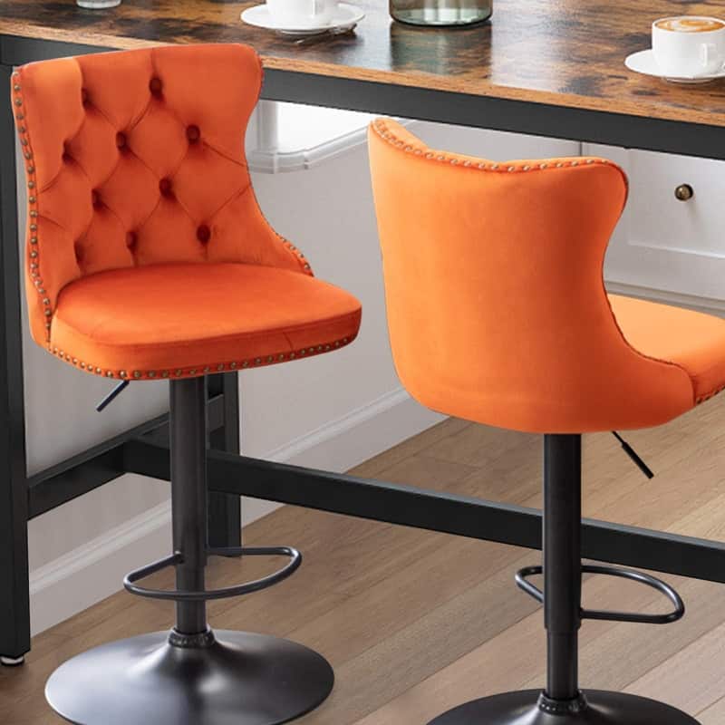 Velvet Upholstered Nailheads Tufted Swivel Bar Stools (Set of 2) - Orange BlackBase