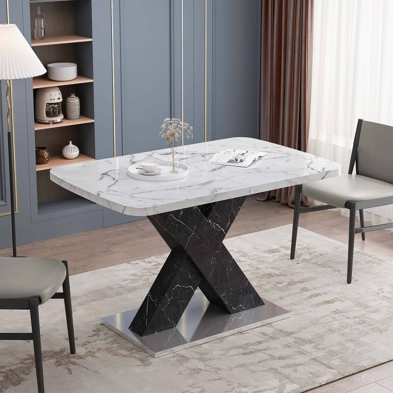 Modern Square Dining Table with Metal Base - Black