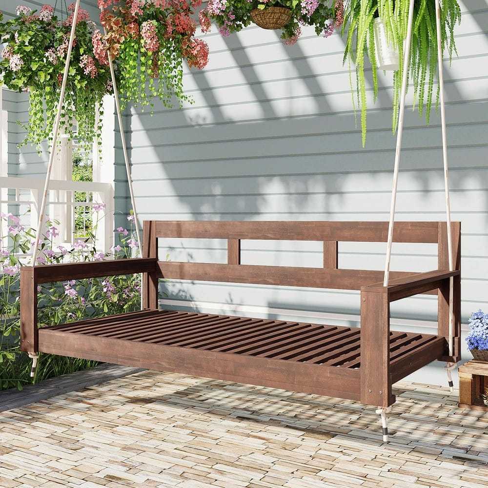 Patio Wooden Twin Size Porch Swing Daybed Frame, Garden Swing Bench Chair with 4 Hanging Ropes