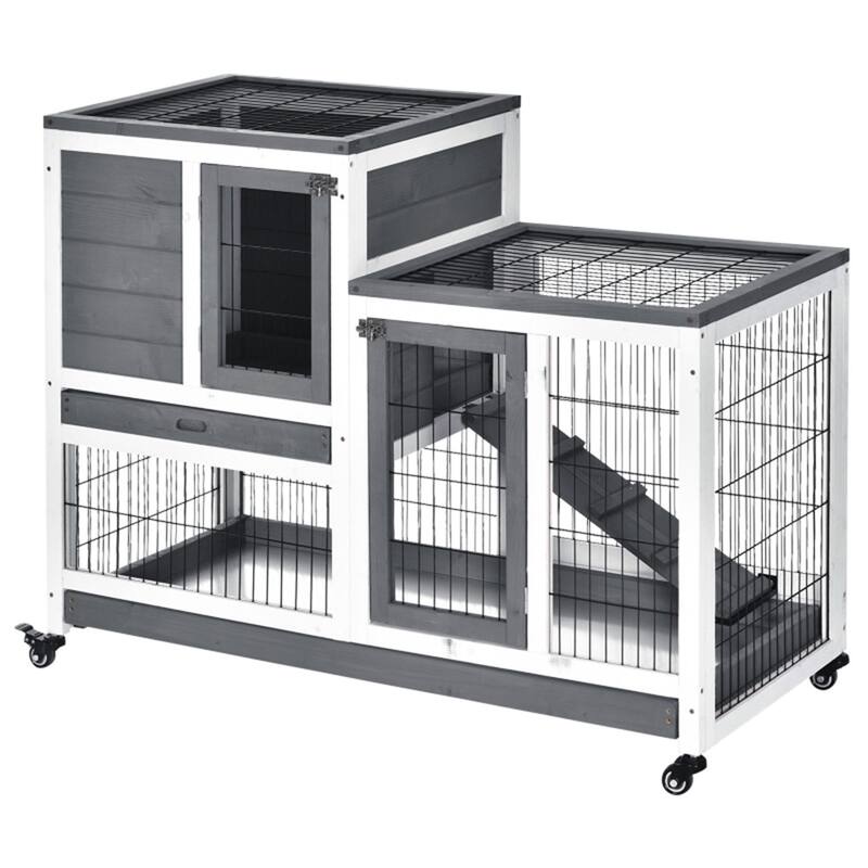 Medium Fir Wood Bunny Hutch with Wheels Pull Out Trays and Spacious Run for Indoor and Outdoor Use - Grey