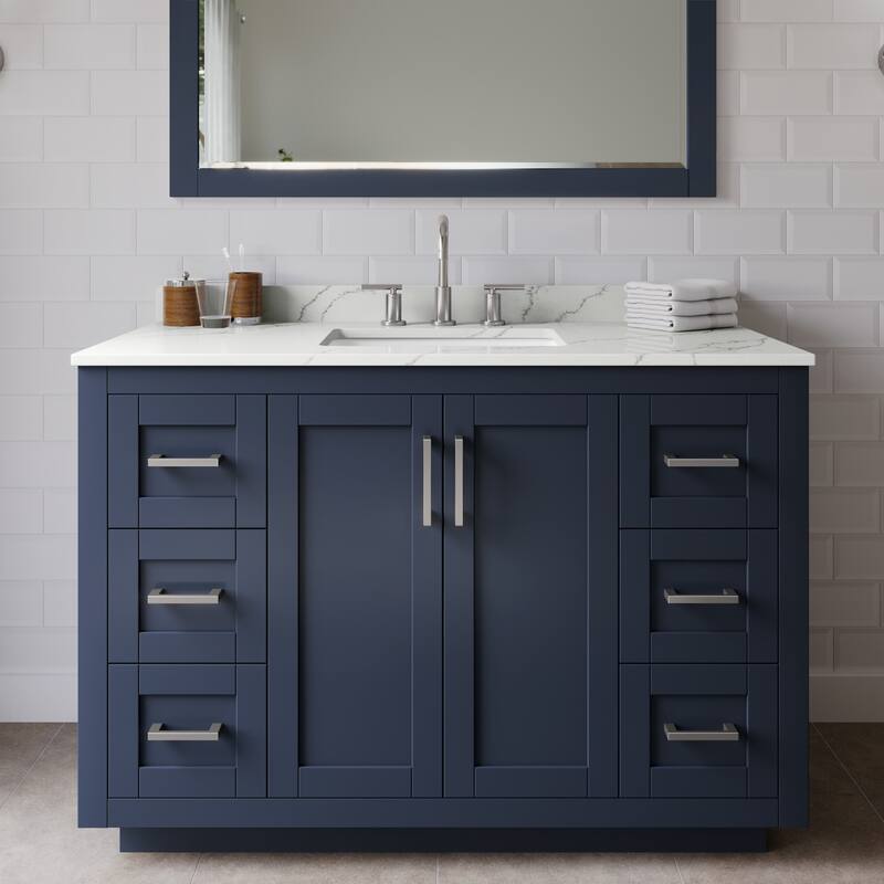 Wyndham Collection WCF292948S-QTZ-US3MXX Miranda 48" Free Standing - Dark Blue / Giotto Quartz Top / Brushed Nickel