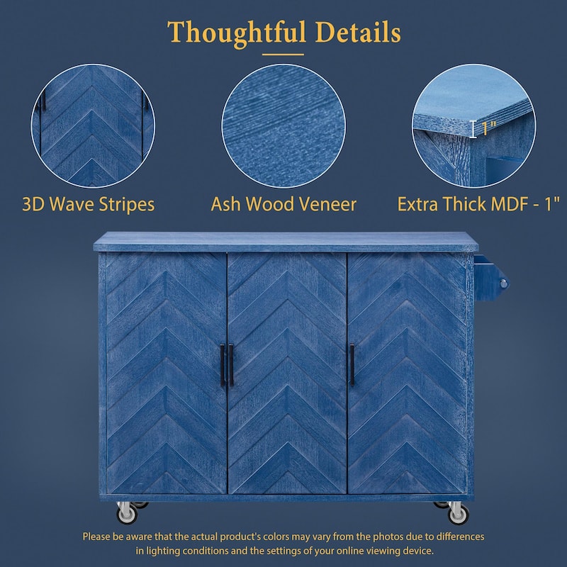 51.2"W 3D Wave Stripes Ash Veneer (Not Cheap Paper) Kitchen Island with Drop Leaf, Farmhouse Kitchen Island on Wheels