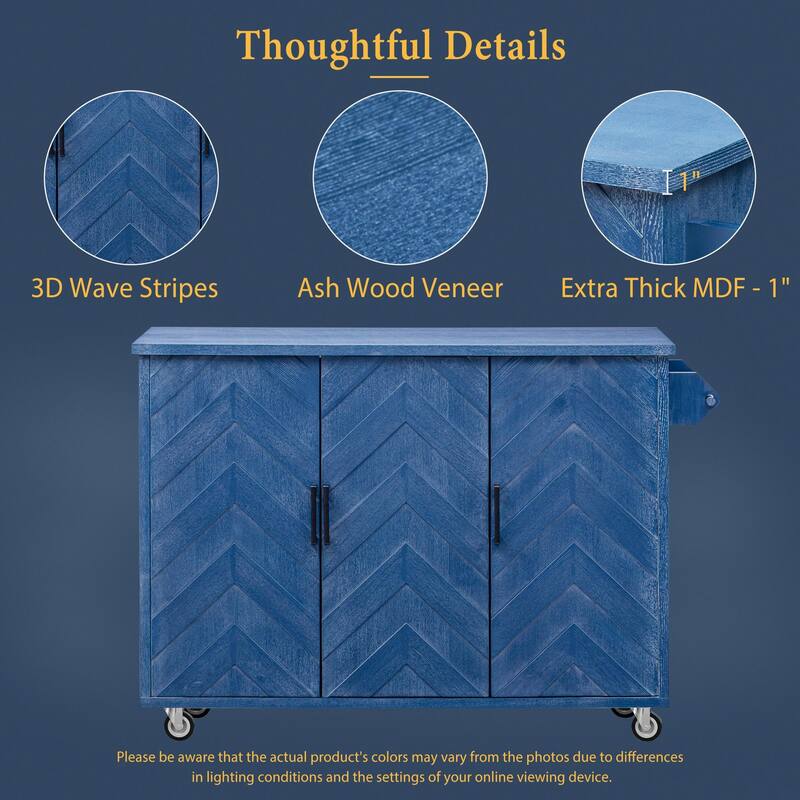 Wave Stripes Wood Finish Kitchen Island, Farmhouse Rolling Wheels Storage Cart wDrop Leaf, Internal Storage Rack for Living Room