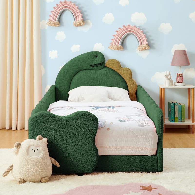 Twin Dinosaur-Shaped Kids Bed with Safety Guardrail - Solid Wood Toddler Bed Frame in Boucle Fabric - Green - Twin