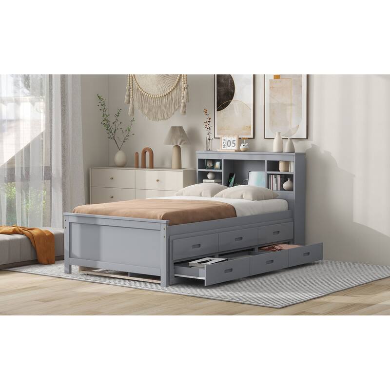 Twin/Full Size Storage Platform Bed with Bookcase Headboard and 3 Drawers, Wood Platform Bed with Twin Size Trundle and USB Port