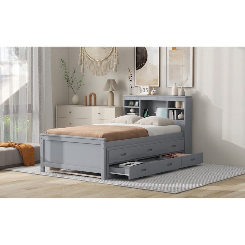 Twin Size Platform Bed with Storage Headboard, USB, Twin Size Trundle and 3 Drawers