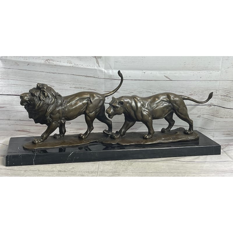 Male Female Imitative Lion Imitative Lions On The Prowl Bronze Sculpture Statue Signed Original Art