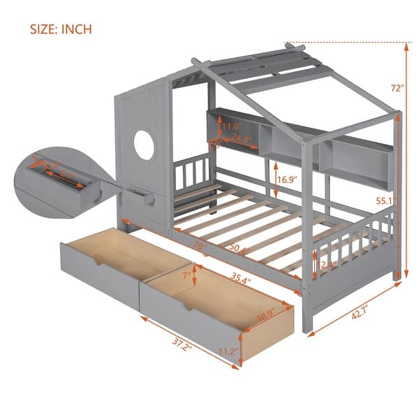 dimension image slide 0 of 4, Wooden House Bed with Roof, 2 Drawers, and Storage Shelf