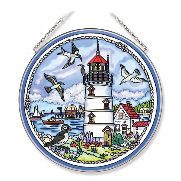 Blue and White Seabirds and Lighthouse Round Glass Wall Art Decor 6.75" - N/A