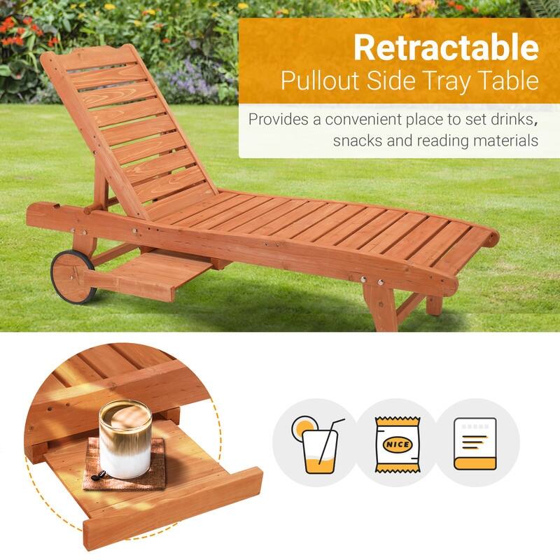 Patio Rolling Wooden Chaise Lounge withe Cup Holder