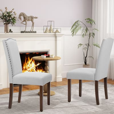 Dining Chairs Set of 2, Modern Upholstered High-end Dining Room Chair with Nailhead Back and Solid Wood Legs, Fabric Side Chairs