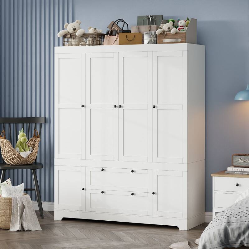 Meyreso White Modular Wardrobe Closet with Drawers, Convertible Stacking Armoire - N/A - 6 Doors + 2 Drawers (2 Shelves)