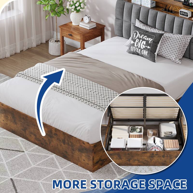 Moasis Lift-Up Storage Bed Frame with Charging Station & Storage Headboard