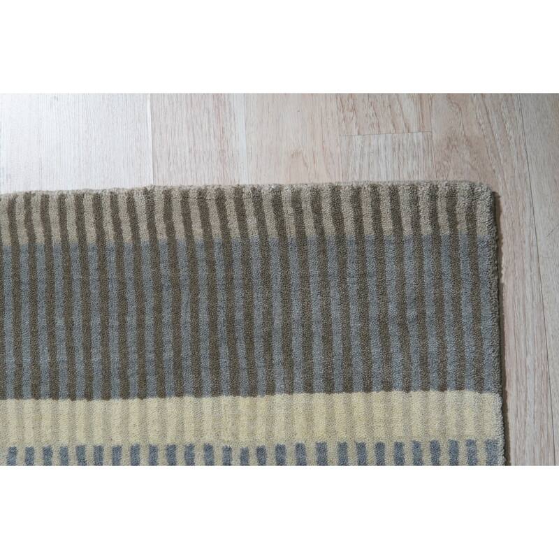 Light Green Hand-Knotted Wool Knotted Striped Rug, 8' x 10', soft cozy area rug - L