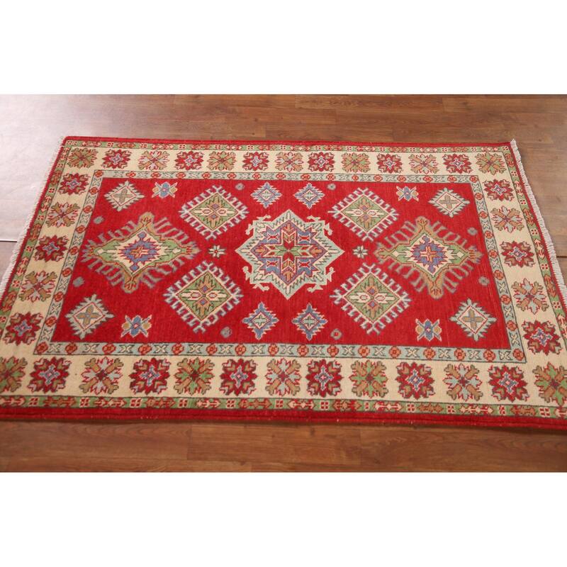 Traditional Kazak Accent Rug Handmade Geometric Wool Carpet - 3'4"x 5'0"