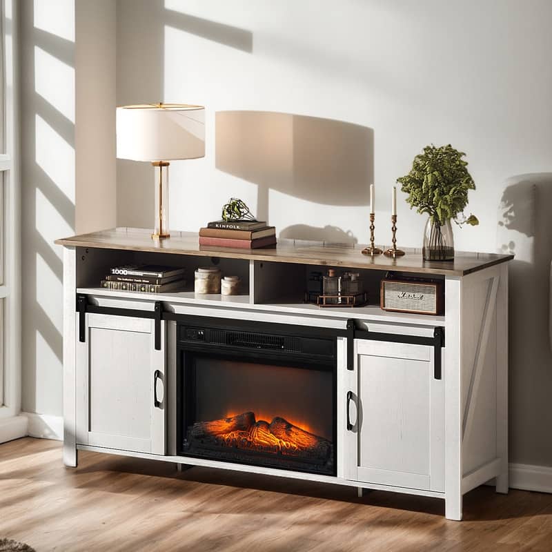 Farmhouse 59.5'' TV Stand For Tvs Up To 70'' With Electric Fireplace and Adjustable Shelves