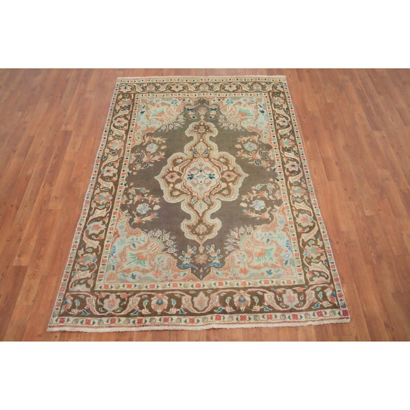 Hand Knotted Oriental 100% Wool Carpet Traditional Floral Brown Tabriz Area Rug - 6' 2'' X 4' 5''
