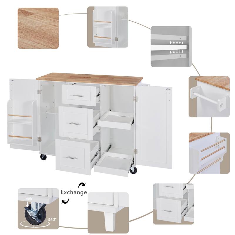 Rolling Kitchen Island with Rubber Wood Top and Spice Rack