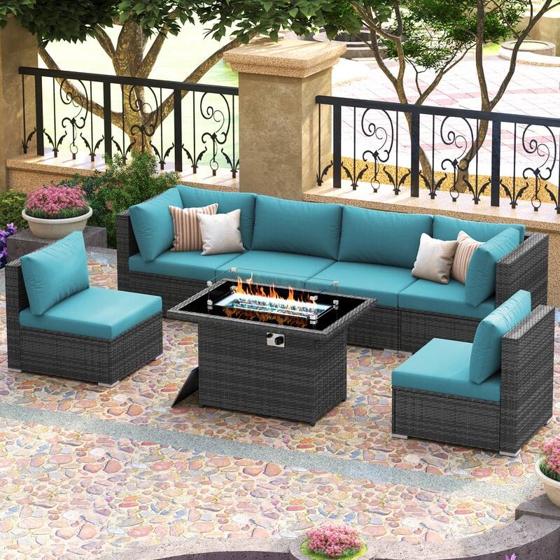 FINCATI Outdoor 7-piece High-back Wicker Patio Sectional Set with 43'' Fire Pit Table, 500 lbs Luxury Oversized Conversation Set - Teal