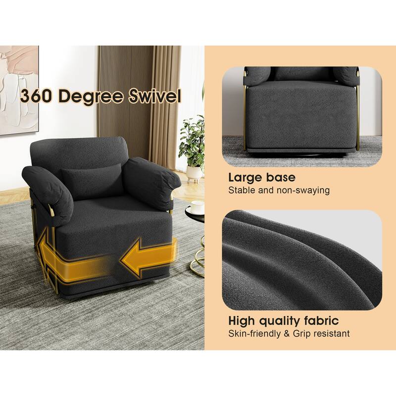 360 Degree Swivel Fluffy Fabric Accent Chair with Gold Metal Legs Beige Comfortable Upholstered Reading Armchair