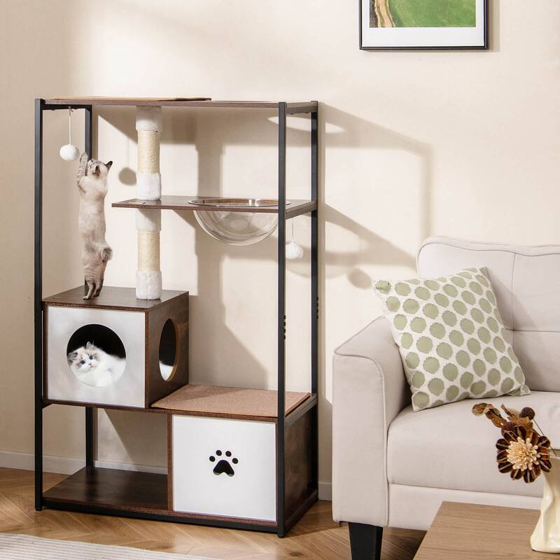 Costway 52" Tall Wooden Cat Tree with Metal Frame 2 Condos Sisal - as pic shows - See Details