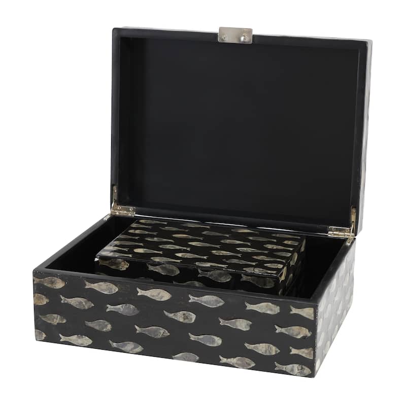 Mother of Pearl Shell Floral Box with Beige Accents - Set of 2 Black - Roche River Decor