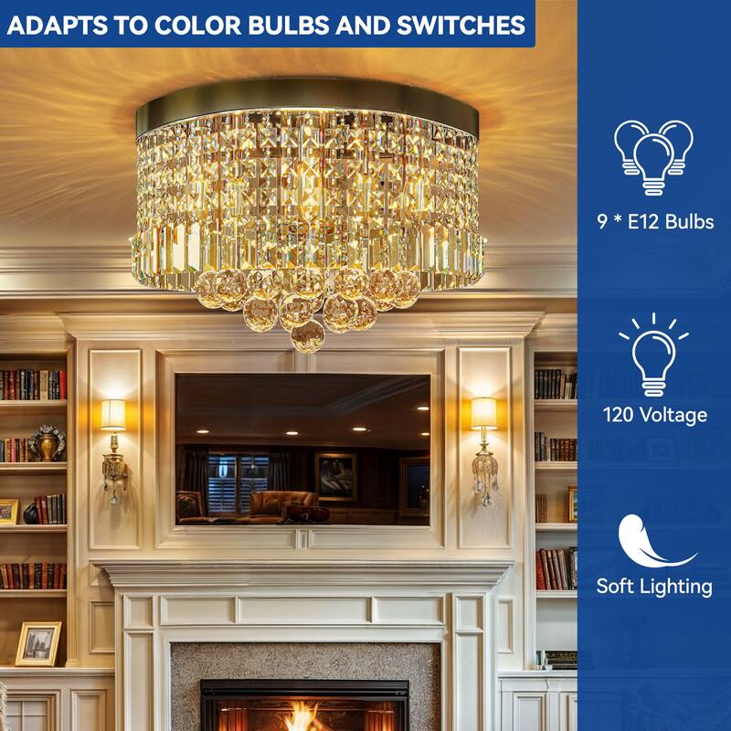 Moasis 19.6" Crystal Chandelier 9-Light Flush Mount K9 Crystal Chandelier Compact Stylish LED Ceiling Light