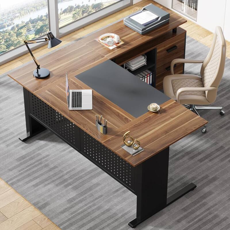 63" L-Shaped Executive Desk with File Cabinet in Rustic Brown and Black