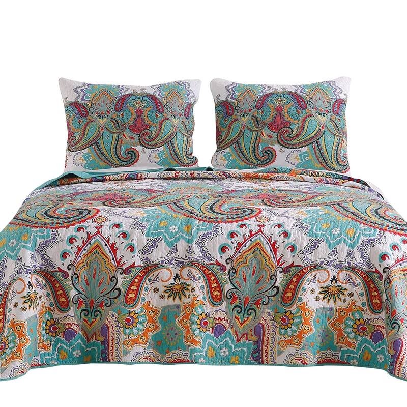 3 Piece King Size Cotton Quilt Set with Paisley Print, Teal Blue