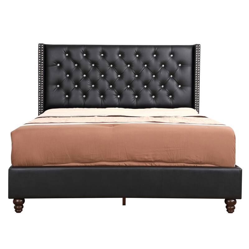 Sleek Black Upholstered Full Bed with Tufted Headboard
