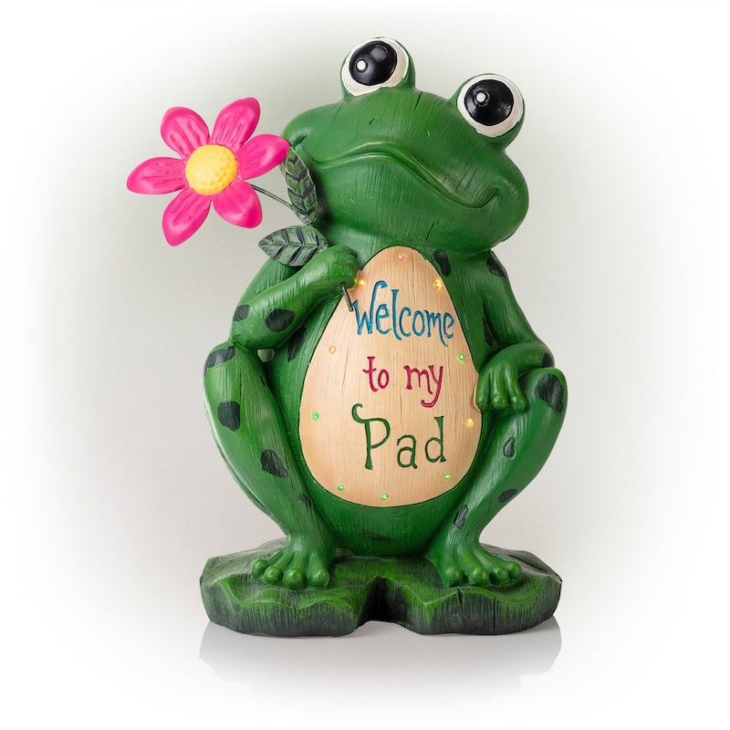 Alpine Corporation 18" Tall Outdoor Frog with Color Changing LED Lights and Welcome Sign Yard Statue