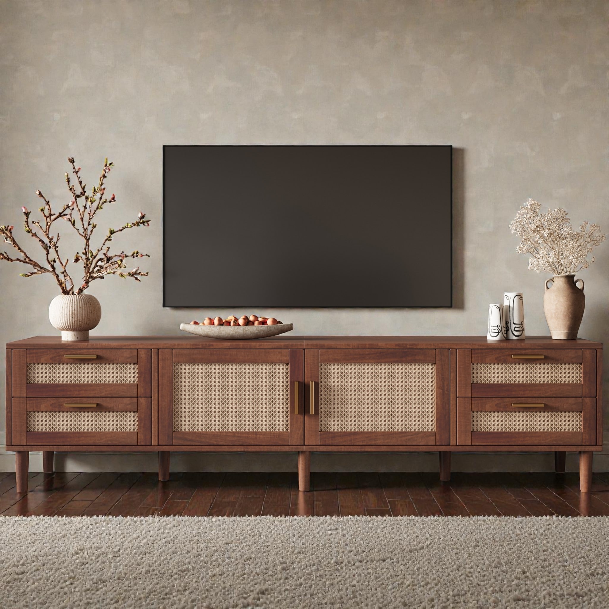 78 Inch TV Stand for TVs up to 85 Inches, Media Console with Rattan Doors, 4 Drawers, Solid Wood Legs and Soft Close Hinges