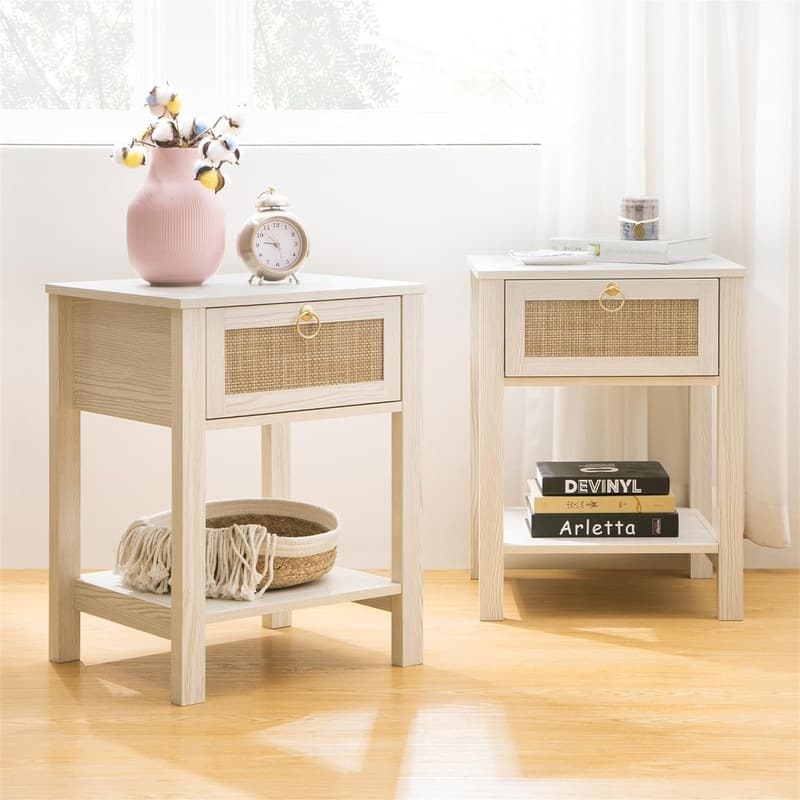 White Nightstand Set of 2 Rattan Decor Drawer