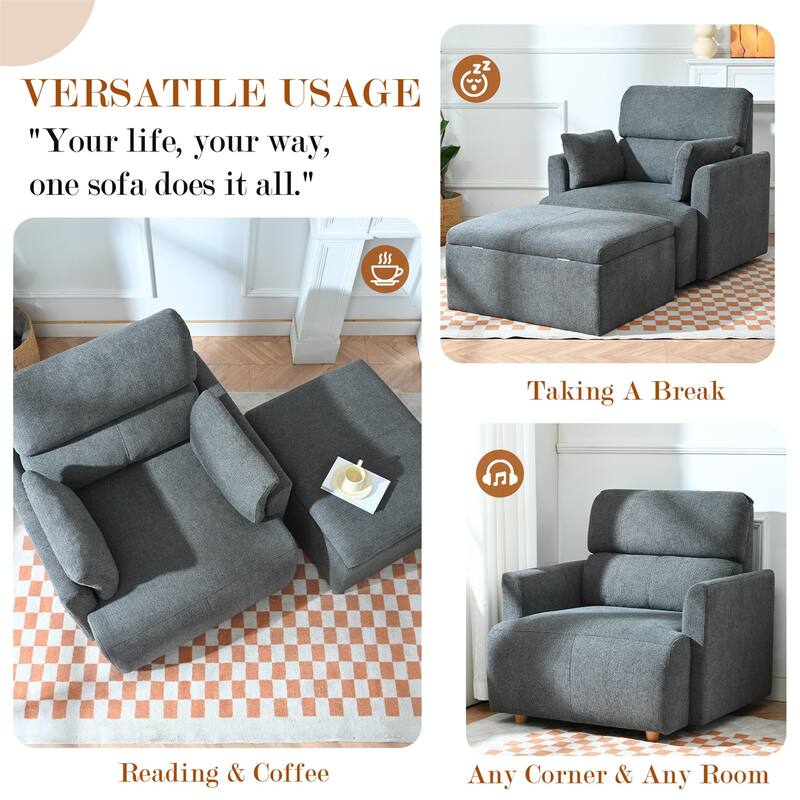 Mid-Century Wide & Deep Seat Accent Armchair with Srotage Ottoman